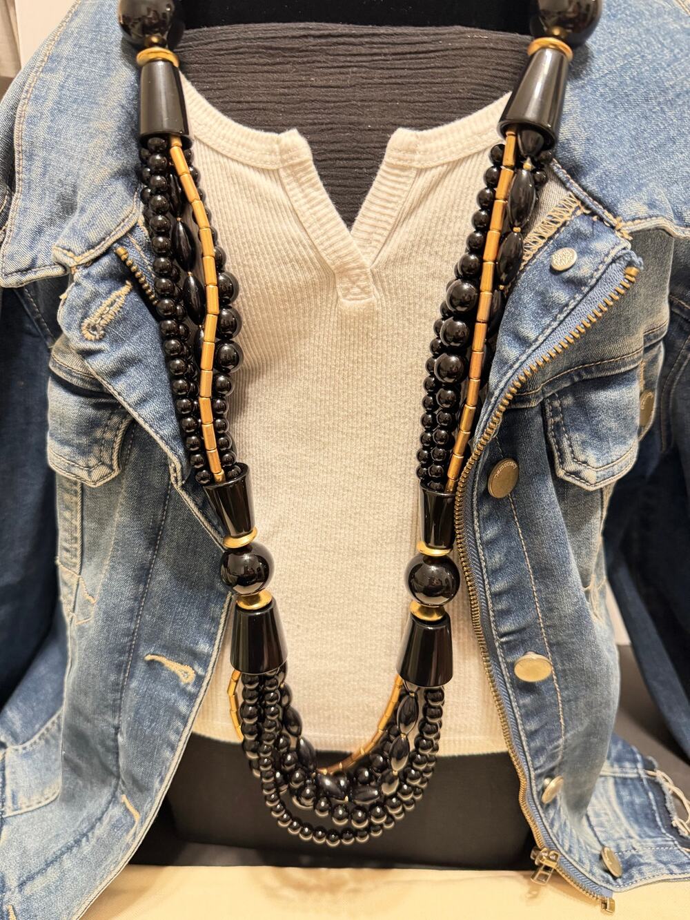 Chico’s Black & Gold Multi Strand Statement Necklace 21” Drop